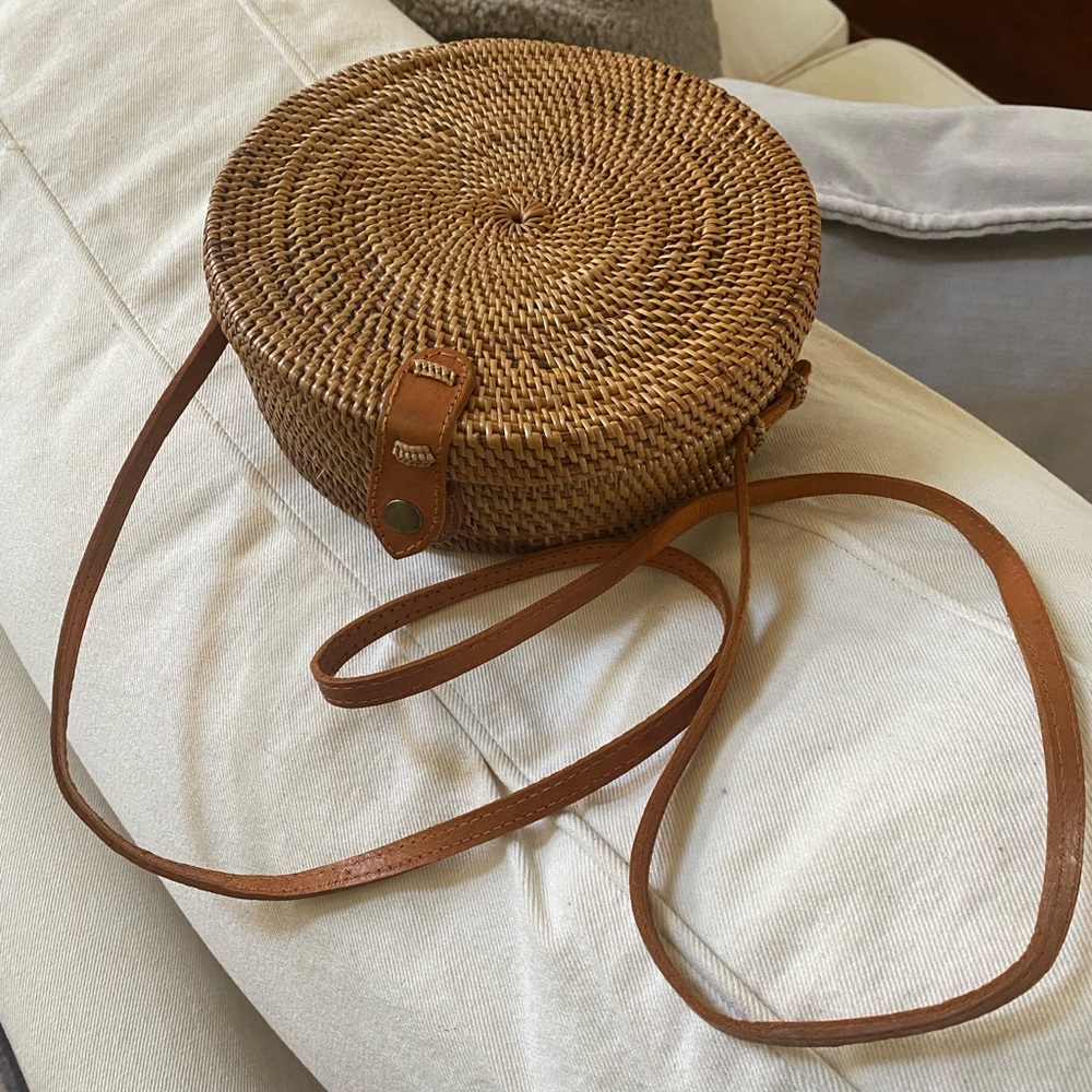 Handwoven Round Rattan Shoulder Bag with Leather Strap